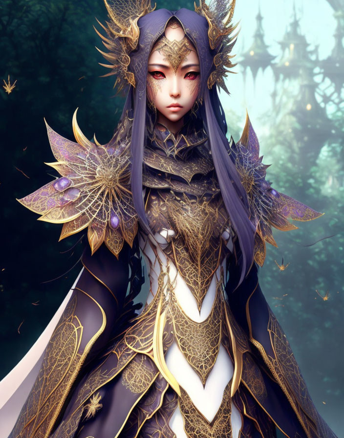 Fantasy character in purple and gold armor with forest backdrop