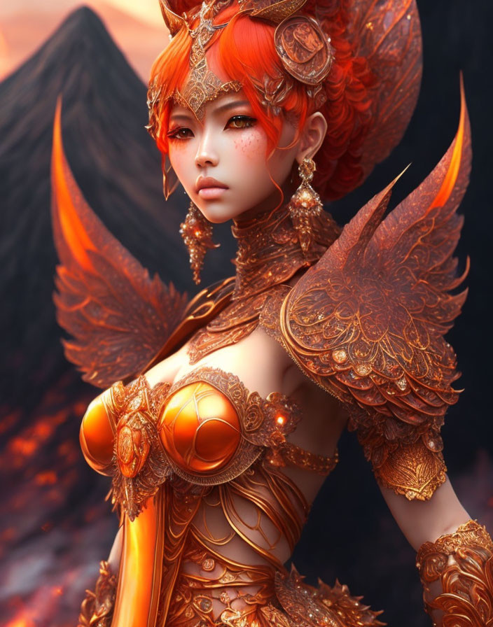 Orange-haired female character in golden armor with fiery wings in front of volcanic landscape