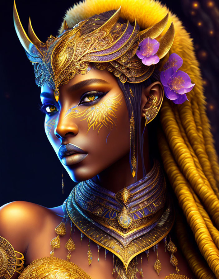 Digital art portrait: Woman with blue skin, golden tribal makeup, horned headpiece, and elaborate