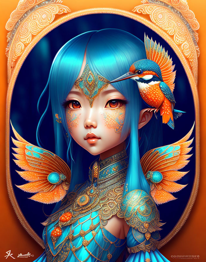 Blue-haired girl in gold and turquoise armor with a colorful bird.