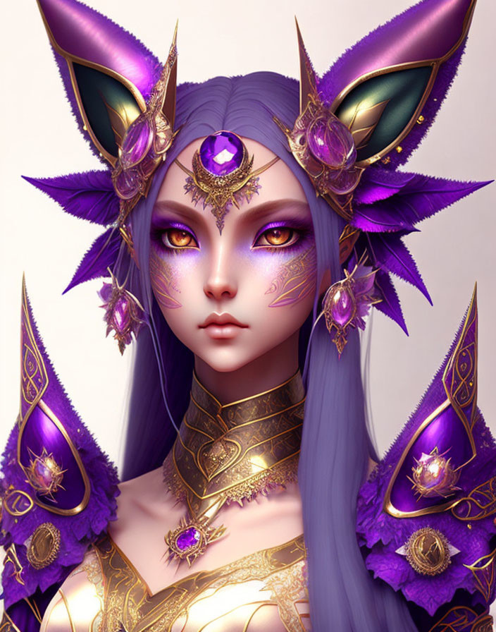 Fantastical character with purple skin, violet eyes, and elaborate gold and purple armor