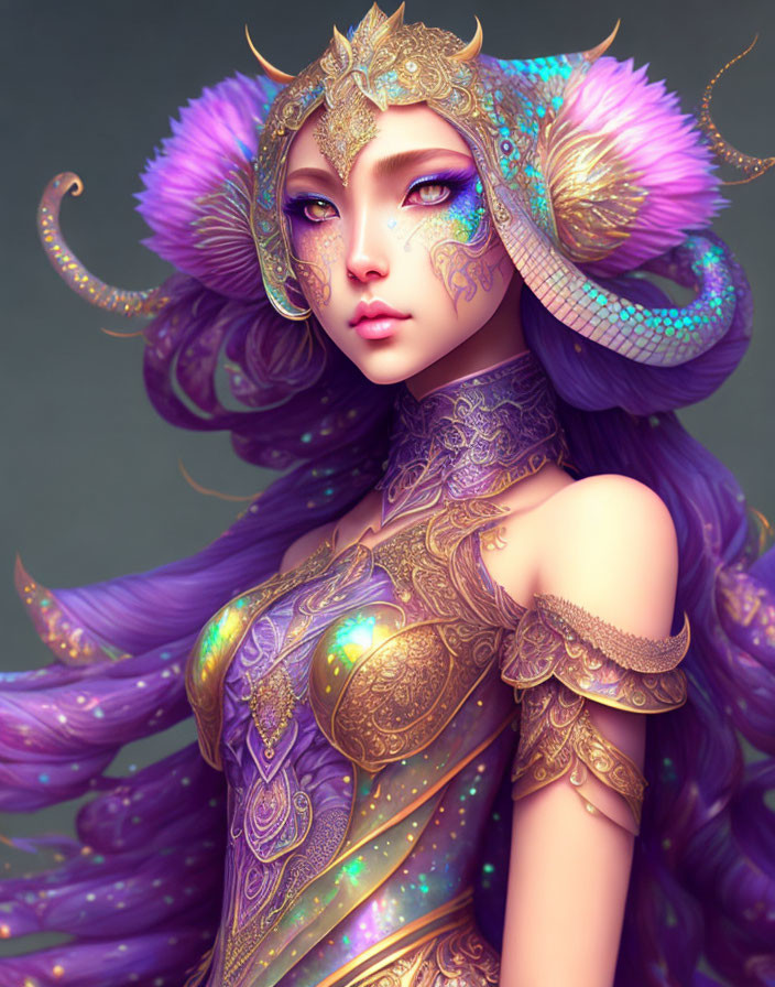 Fantasy Female Character with Violet Hair and Elaborate Golden Armor