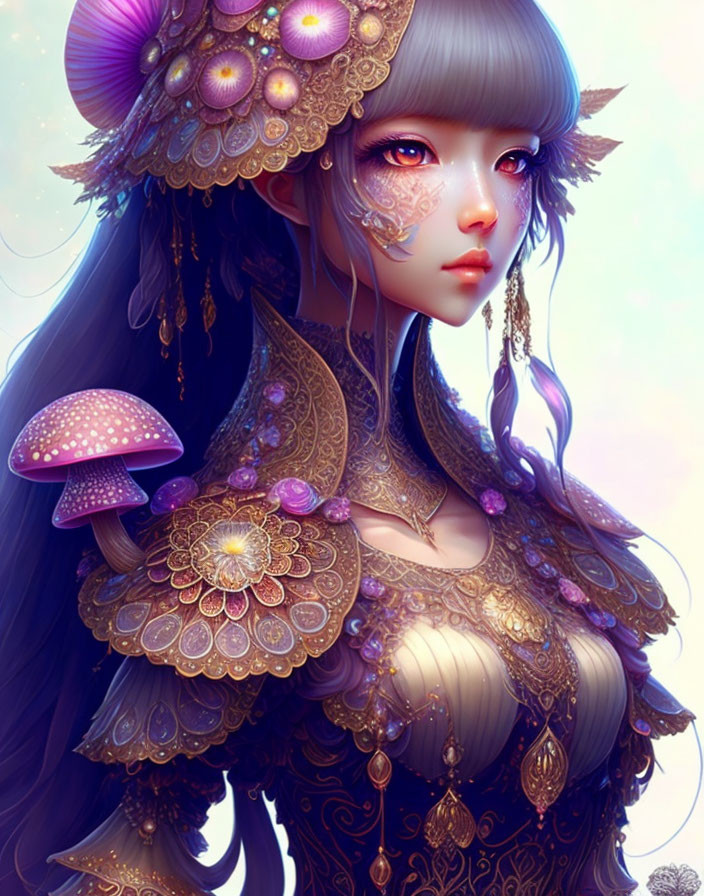 Illustrated female figure in purple ornate attire with mushrooms, gold jewelry, and mystical floral patterns