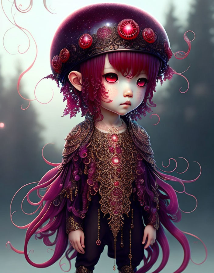 Fantasy character with purple hair, red eyes, helmet, gold-patterned clothing.