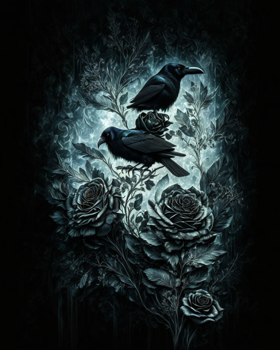 Ravens in intricate foliage and roses in moody blue palette