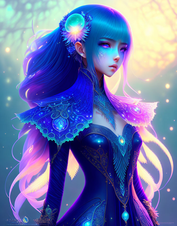 Illustrated ethereal female figure with violet skin and expressive eyes.