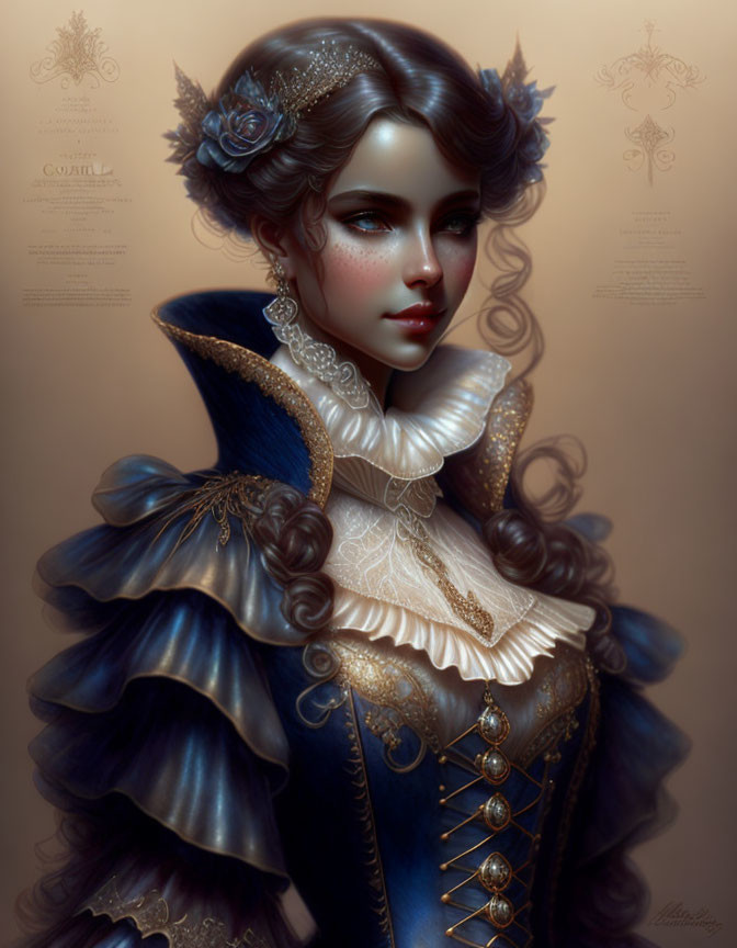 Victorian-themed digital portrait of a woman with dark hair and ornate jewelry