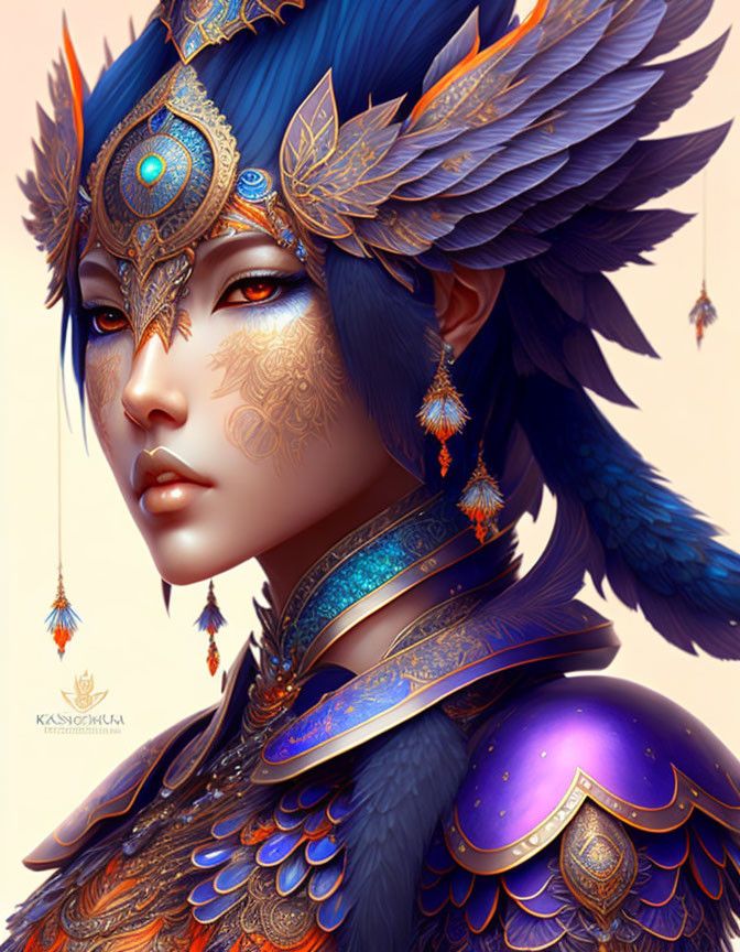 Fantasy-style portrait: Character in blue feathered armor with gold facial tattoos and mystical headpiece.