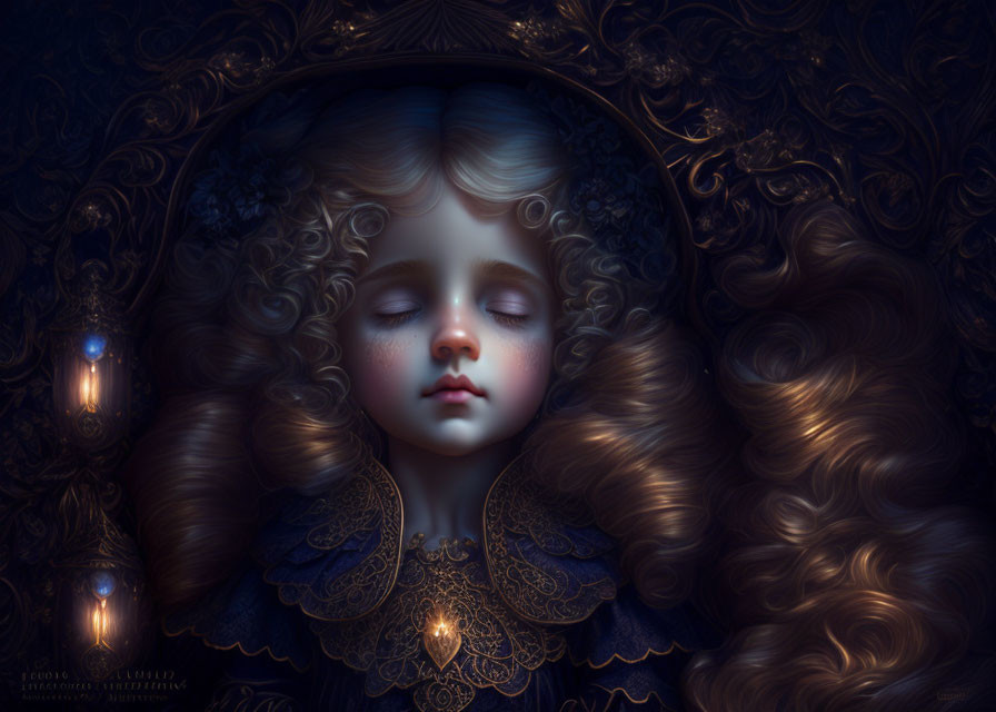 Curly-Haired Child Sleeping Among Glowing Lanterns