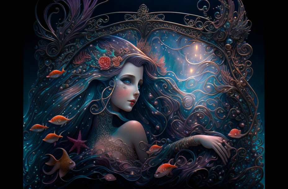 Illustration of woman with flowing hair in underwater scene with starfish and cosmic patterns