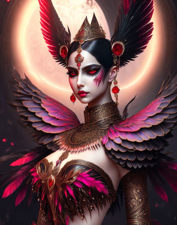 Digital artwork: Woman with feathered wings and regal attire in red and black hues with golden jewelry