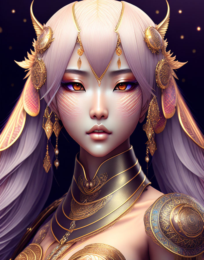 Fantasy Female Character with Pale Pink Hair and Golden Jewelry on Dark Background