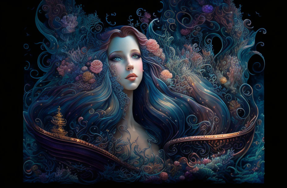 Illustration: Woman with flowing hair, marine life, and castle in surreal underwater scene