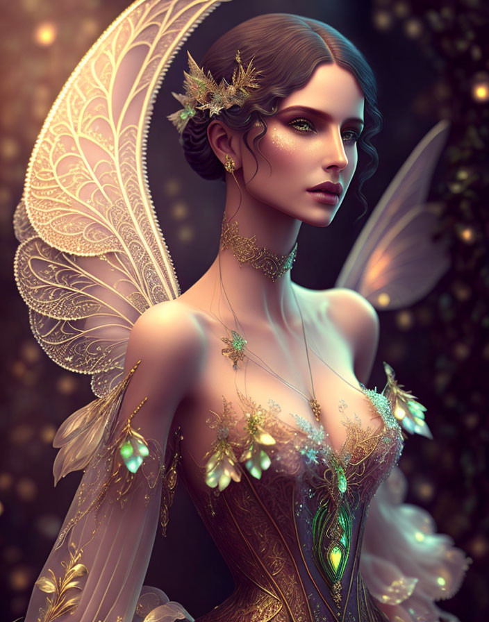 Detailed Fantasy Fairy Illustration with Translucent Wings and Golden Leaves