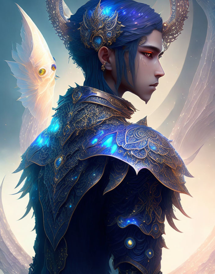 Fantastical male character with blue horns in ornate armor, accompanied by a white bird, against