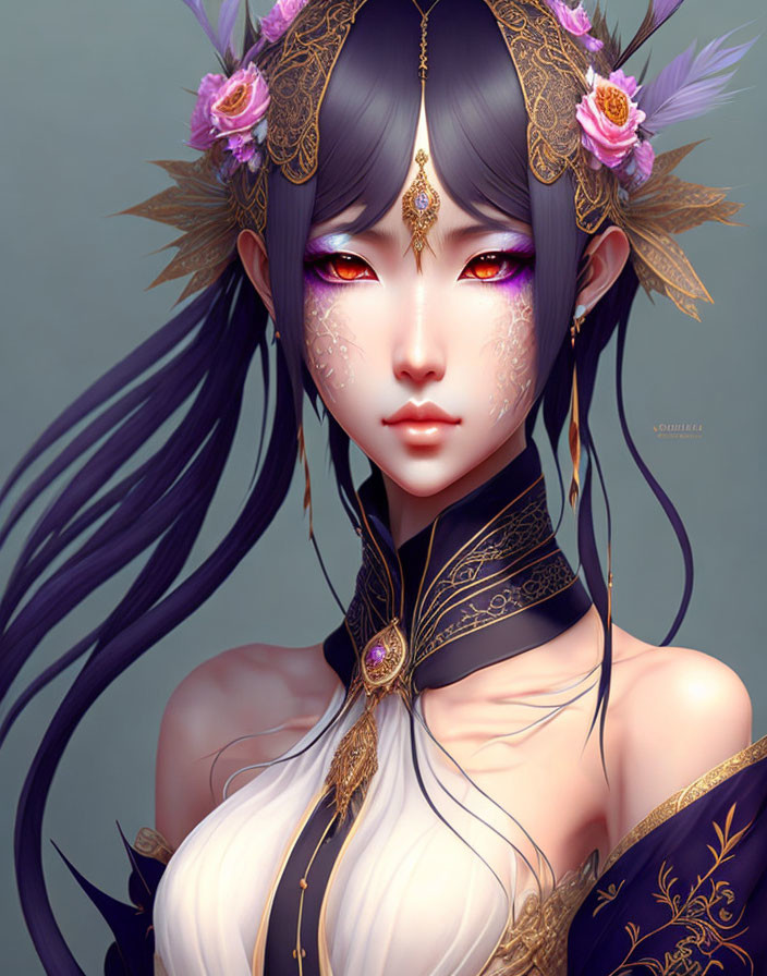 Mystical female character with purple hair, red eyes, floral headpieces, and intricate tattoos