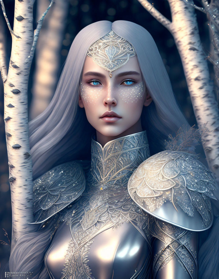 Fantasy elf with white hair in intricate silver armor among birch trees