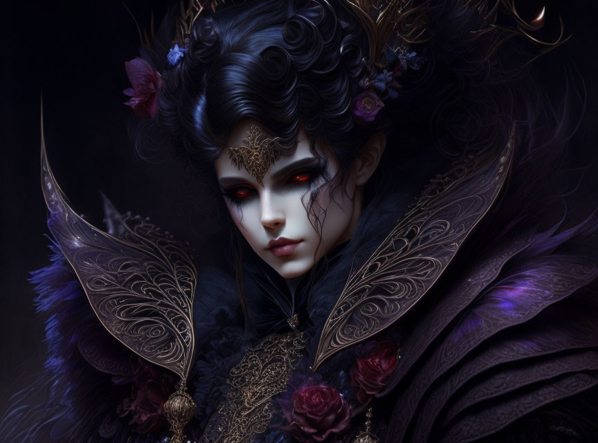 Fantasy female character with red eyes and ornate headdress.