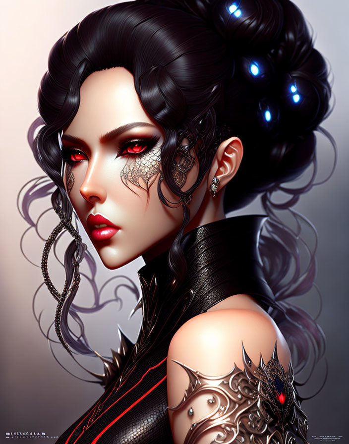 Detailed digital portrait of a woman with red eyes, black and silver outfit, and glowing blue orbs in