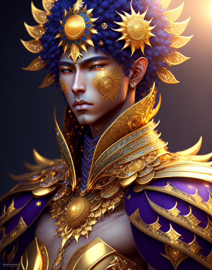 Regal figure adorned in golden sun motifs and purple garments.