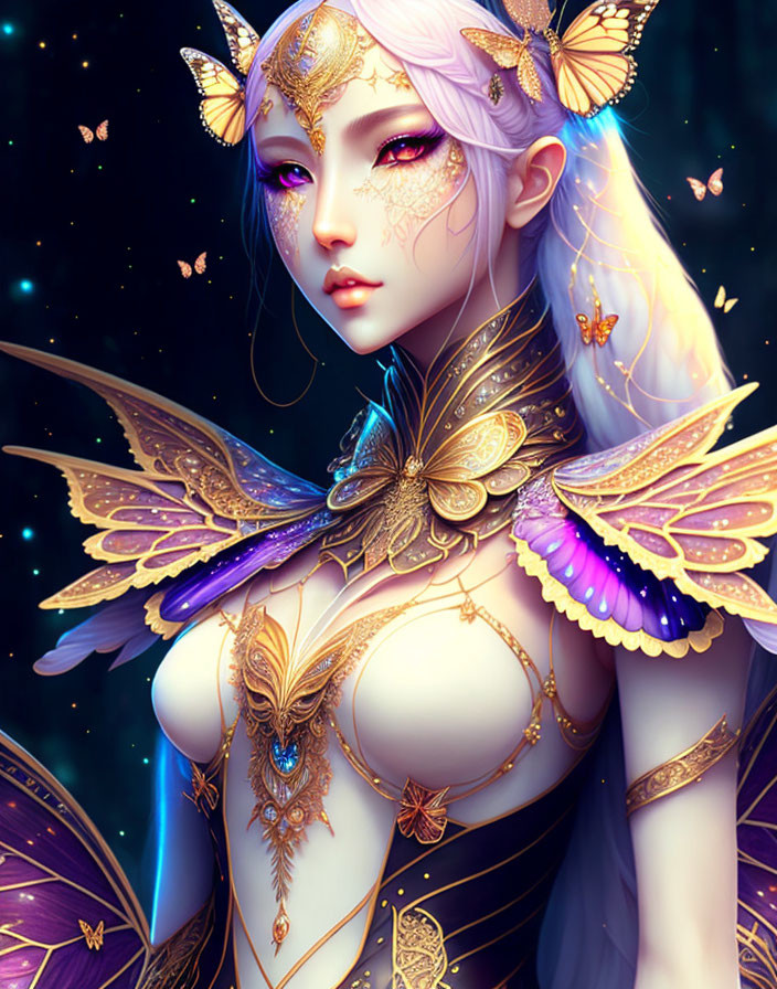 Ethereal female character with purple eyes, golden accessories, butterfly motifs, and luminous wings on