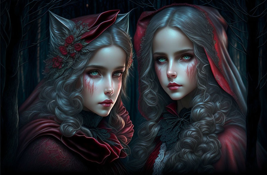 Stylized women with striking eyes in dark forest wearing red cloaks