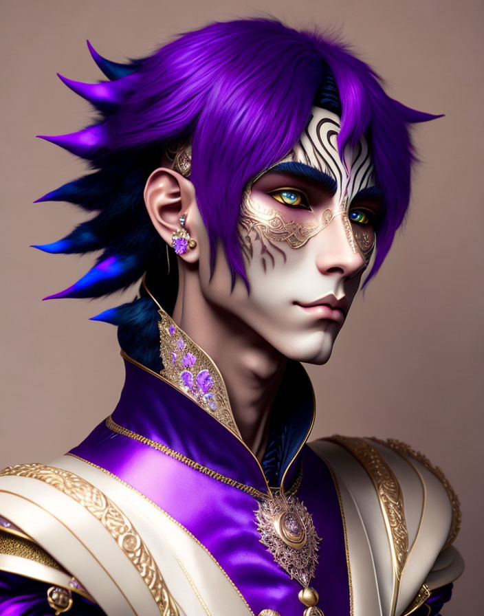 Fantasy character digital artwork: purple hair, gold facial markings, ornate purple and white attire.