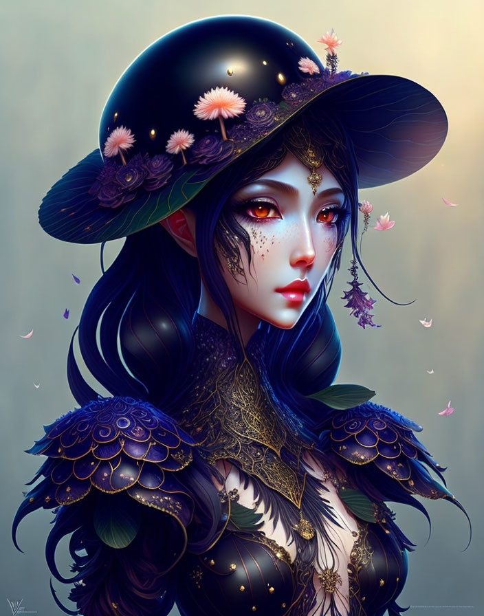 Illustrated woman with floral hat, dark hair, ethereal eyes, and intricate armor in a pet