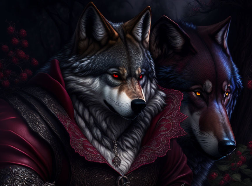 Majestic wolves in royal attire with red eyes on dark background