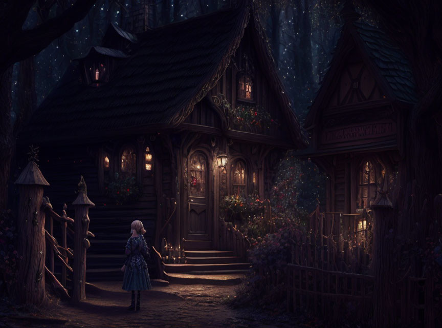 Child standing at candlelit cottage in twilight forest with ivy and flowers.