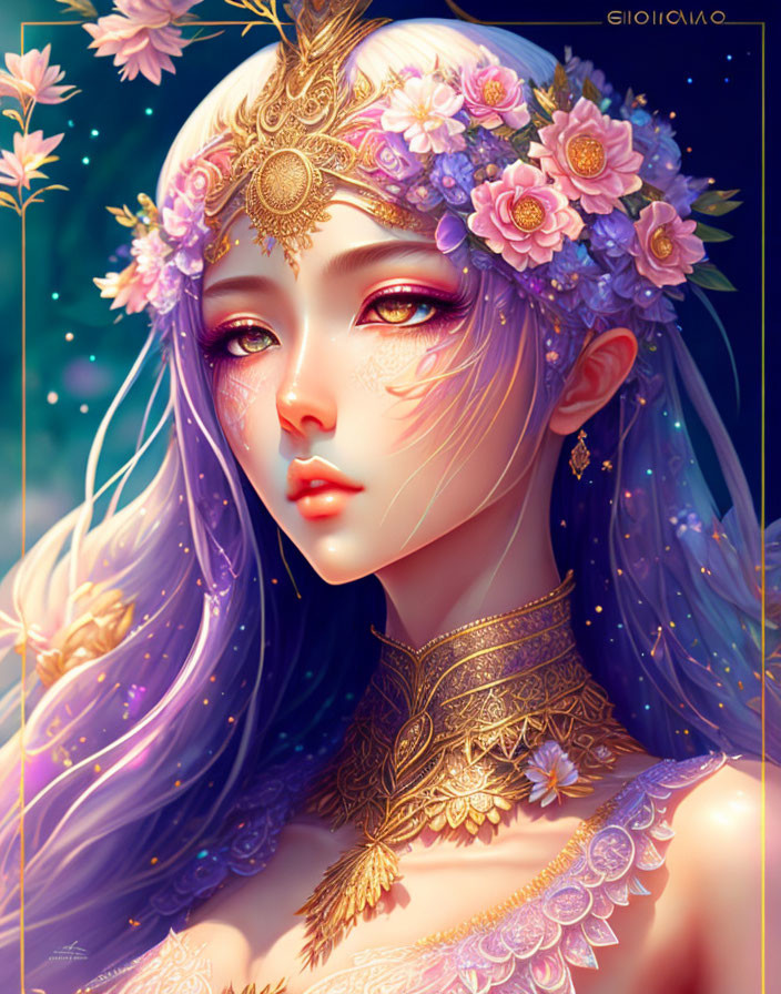 Illustrated fantasy character with violet hair and floral crown against floral backdrop