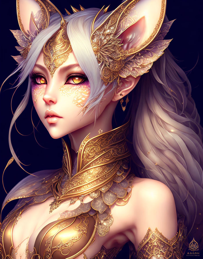 Fantasy illustration of white-haired being in golden armor