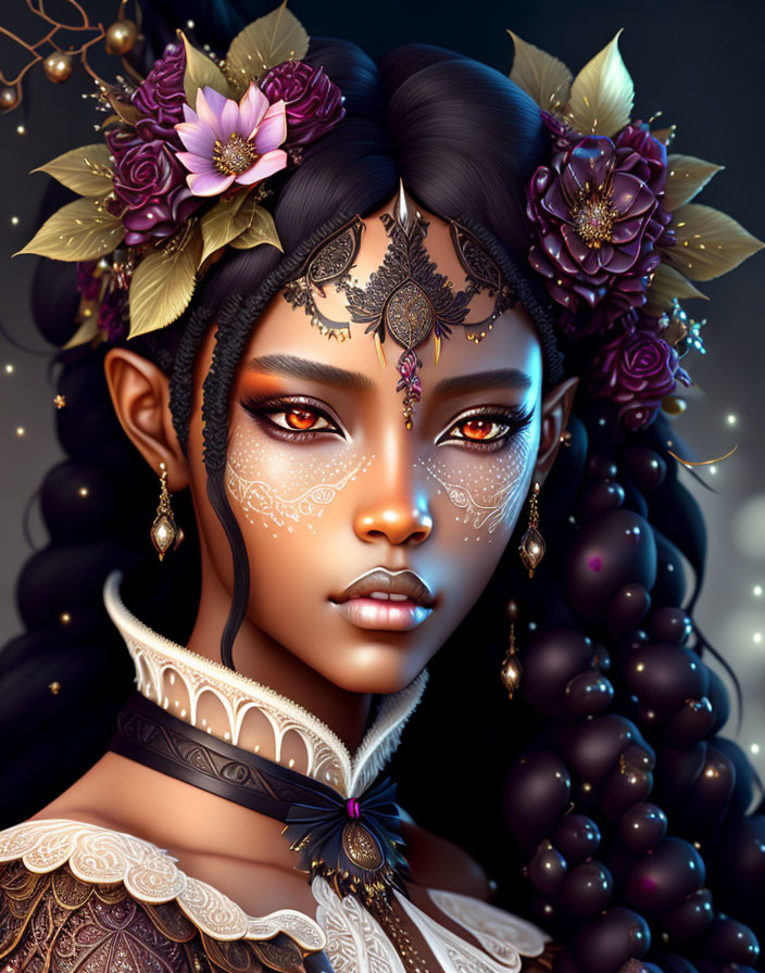 Detailed portrait of woman with floral headpieces, facial tattoos, jewelry, ornate collar