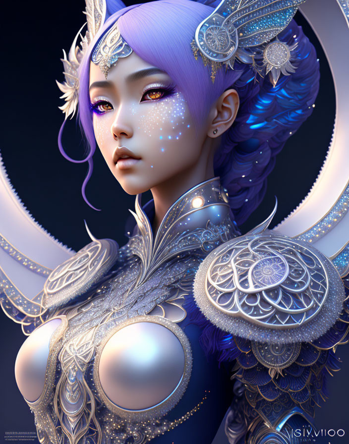 Fantasy digital artwork of a female character with purple hair and intricate silver armor