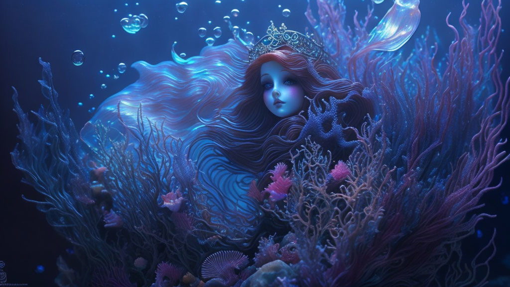 Underwater mermaid illustration with colorful corals and bubbles