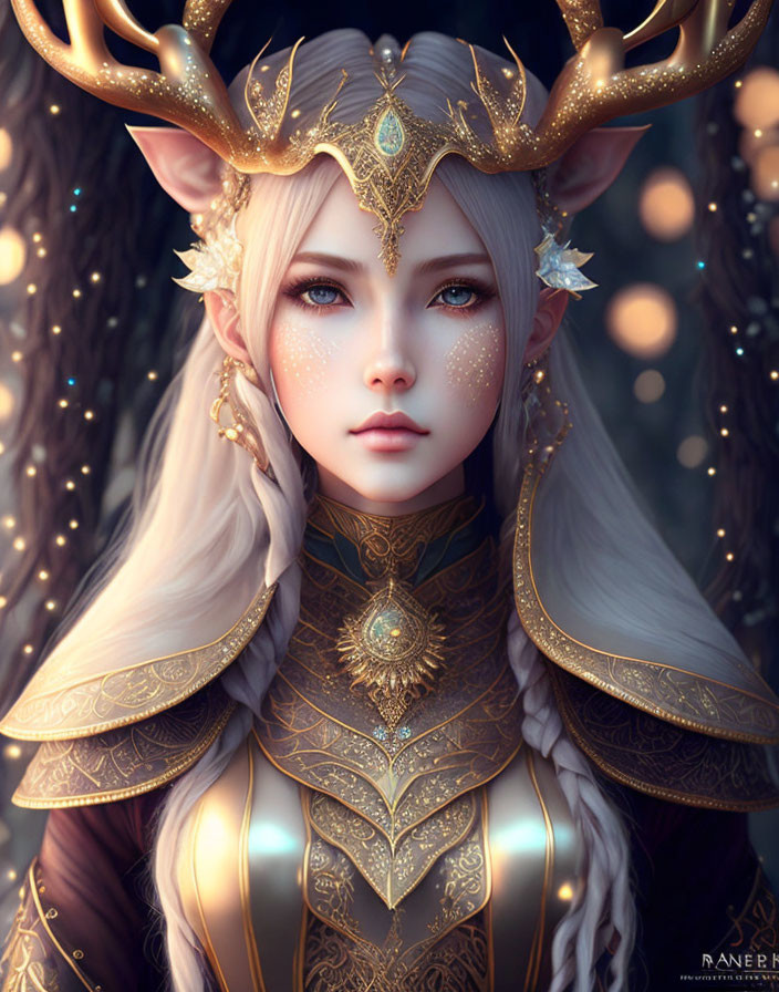 Mystical elf with golden antlers in enchanted forest