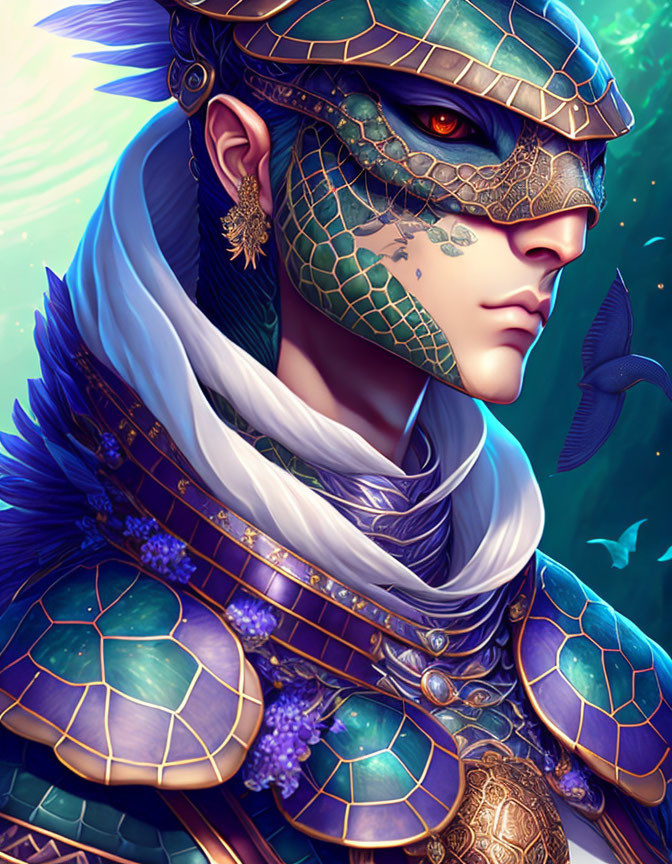 Digital artwork featuring character with blue scales, turtle shell armor, draped scarf, and piercing gaze with blue