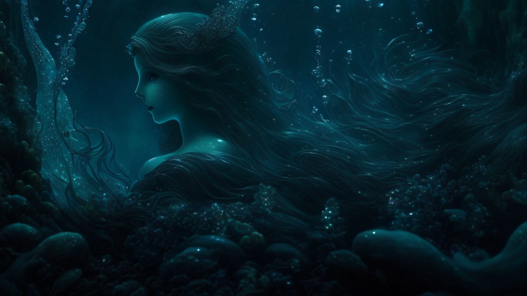 Mystical underwater scene with mermaid and dark ocean flora