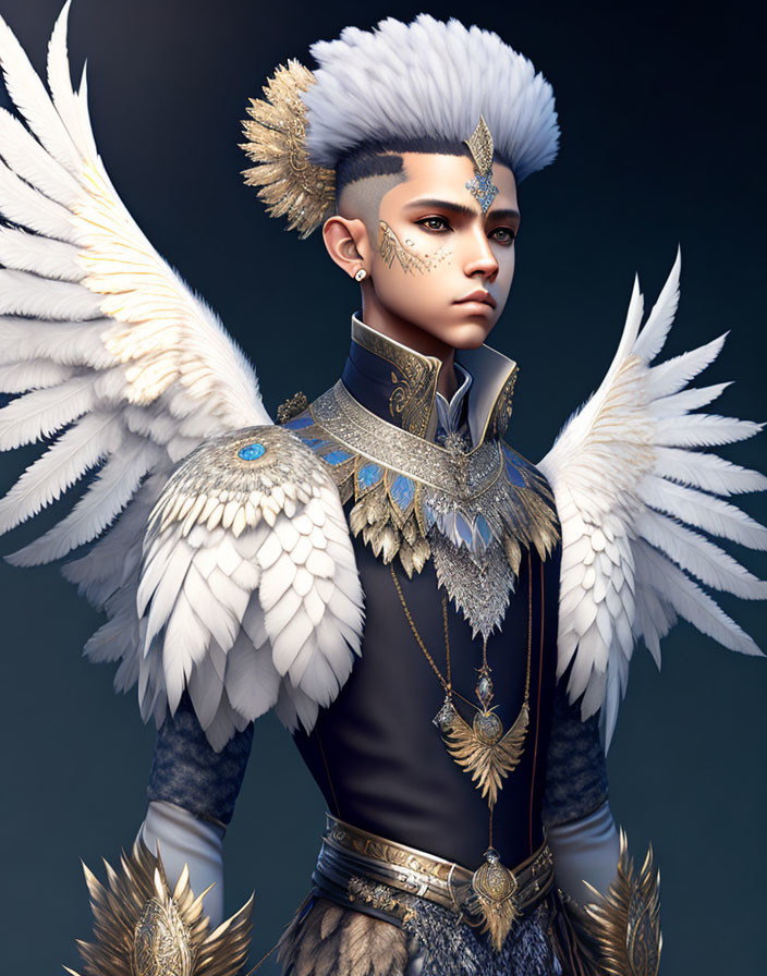 Majestic male character with white angelic wings and golden ornaments