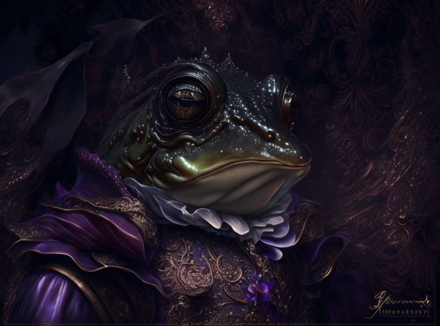 Realistic frog in purple robe against ornate background