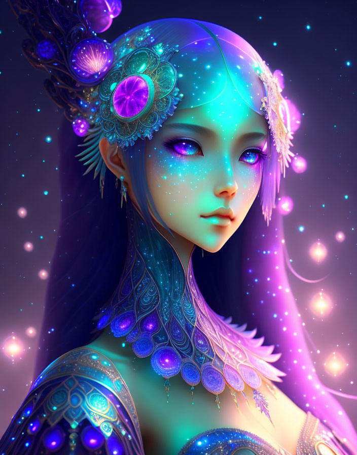 Ethereal female portrait with blue skin, purple eyes, and cosmic jewelry