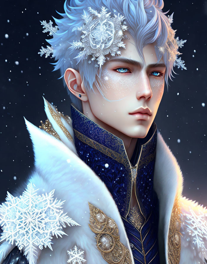 Illustrated portrait of person with silver-blue hair and icy-blue eyes, adorned with snowflakes,