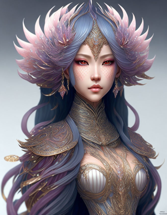 Fantasy portrait of female character with purple and blue plumage hair, red eyes, ornate armor