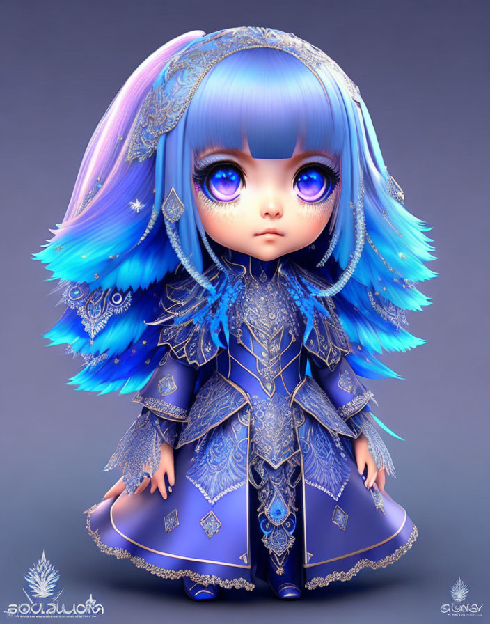 Stylized character with blue bob hair and ornate dress on grey background