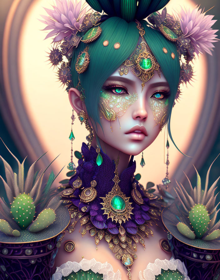 Character with Green Hair and Golden Floral Accessories: Ornate Makeup with Jewel-Encrusted Ornaments