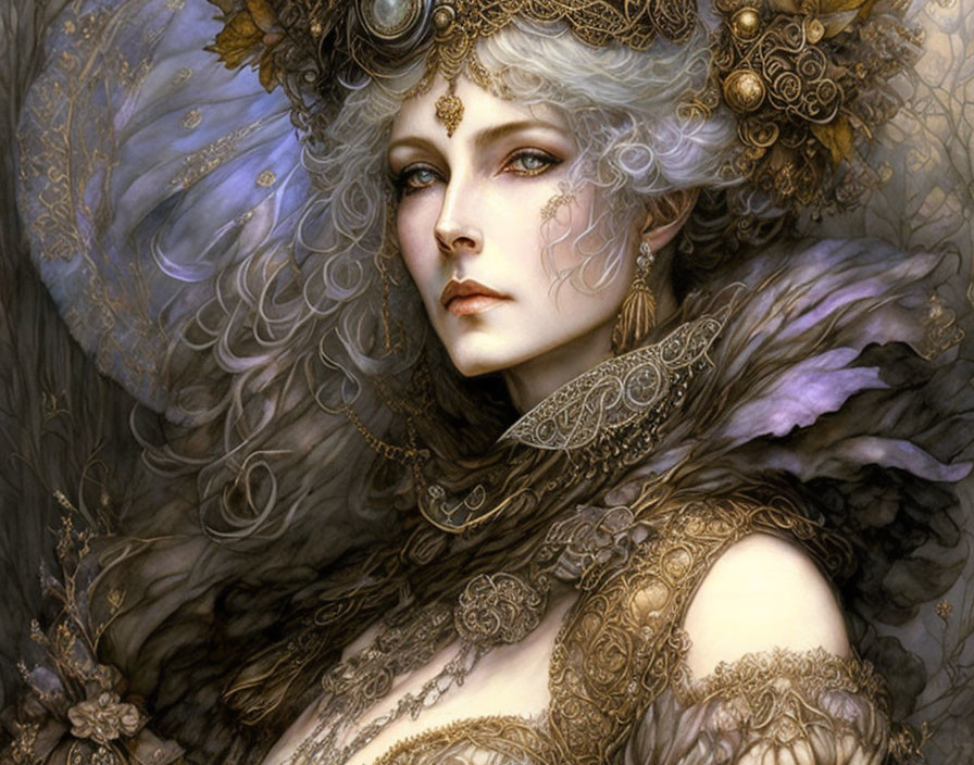 Fantasy portrait of woman with gold accessories and fur collar