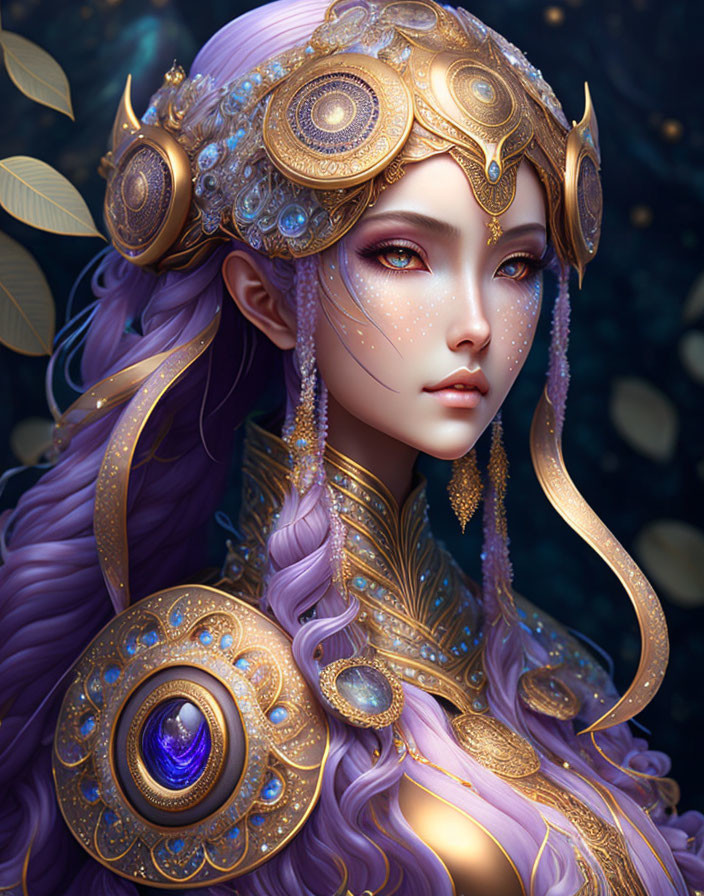 Fantasy illustration of woman with purple hair and gold jewelry on starry background