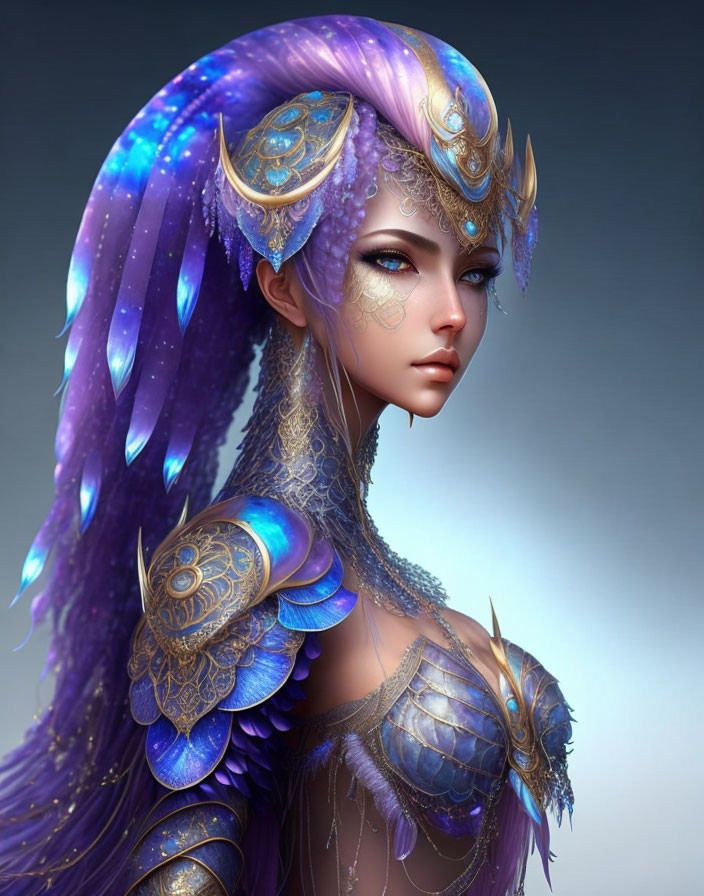 Fantasy female figure in purple hair and golden armor with celestial and dragon motifs on blue background