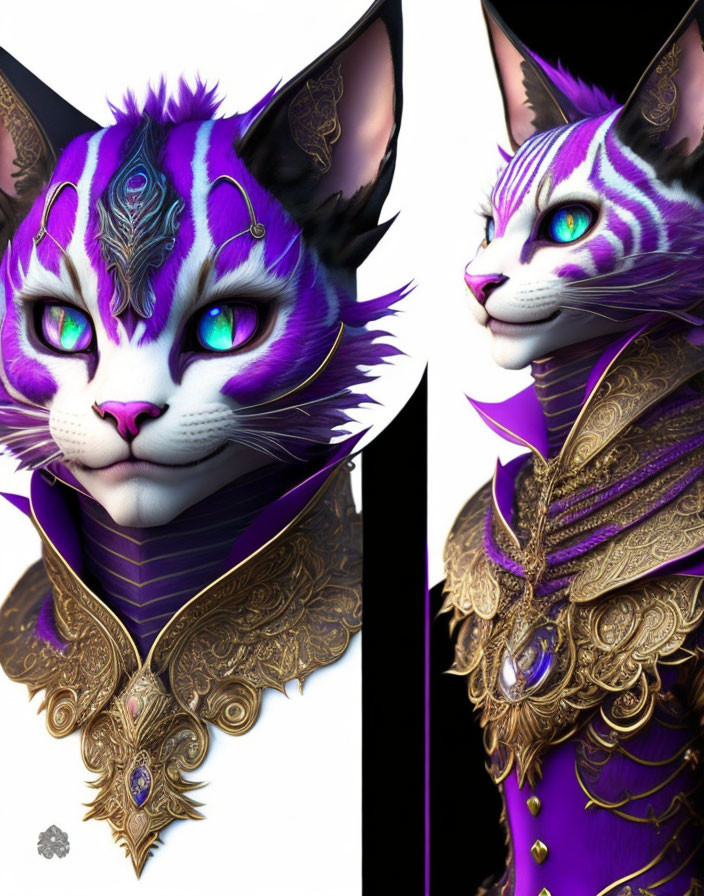 Stylized digital artwork of a purple and white anthropomorphic cat in golden attire