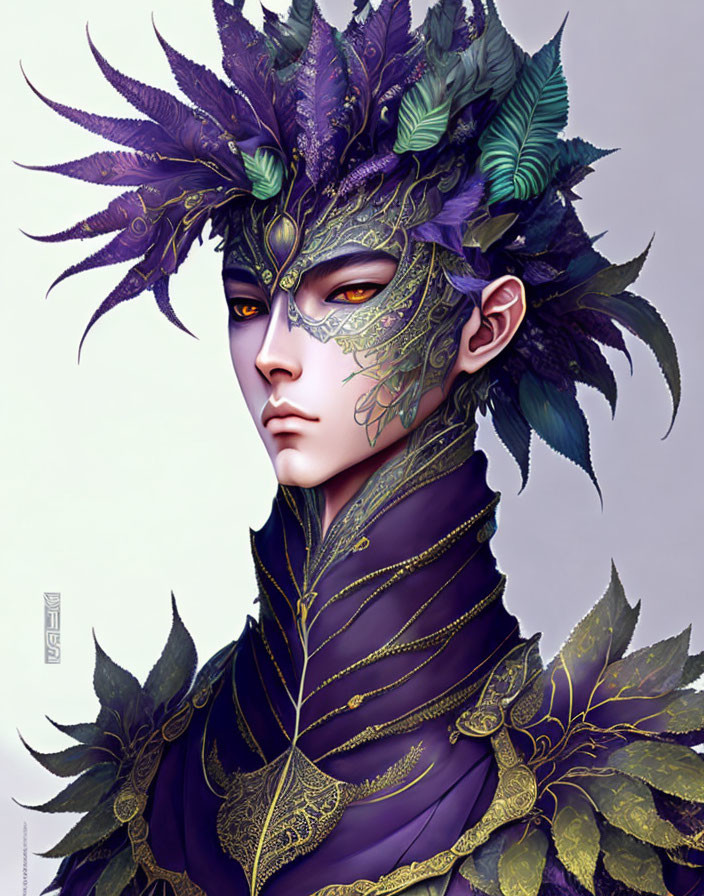 Person in Purple Attire with Elaborate Feathered Headpiece and Gold/Green Leaf Patterns